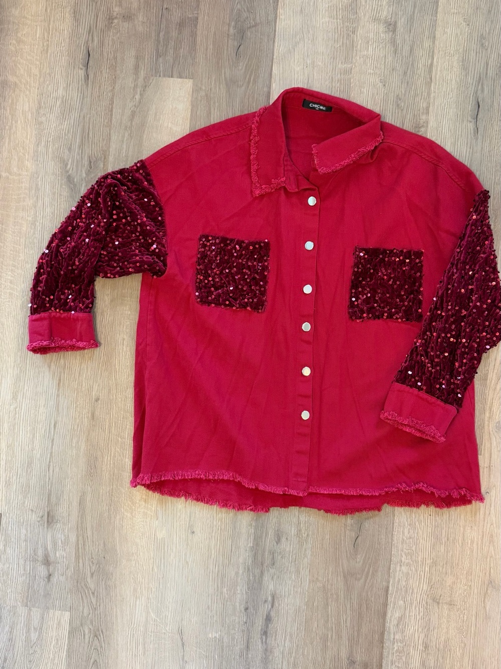 CHICME Red Sequin Sleeve Button Front Shacket Top 1XL - Picture 1 of 13